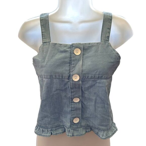 Zara Chambray Cowgirl Y2K Button Front Cinched Back Ruffled Crop Tank Shirt - Picture 1 of 6